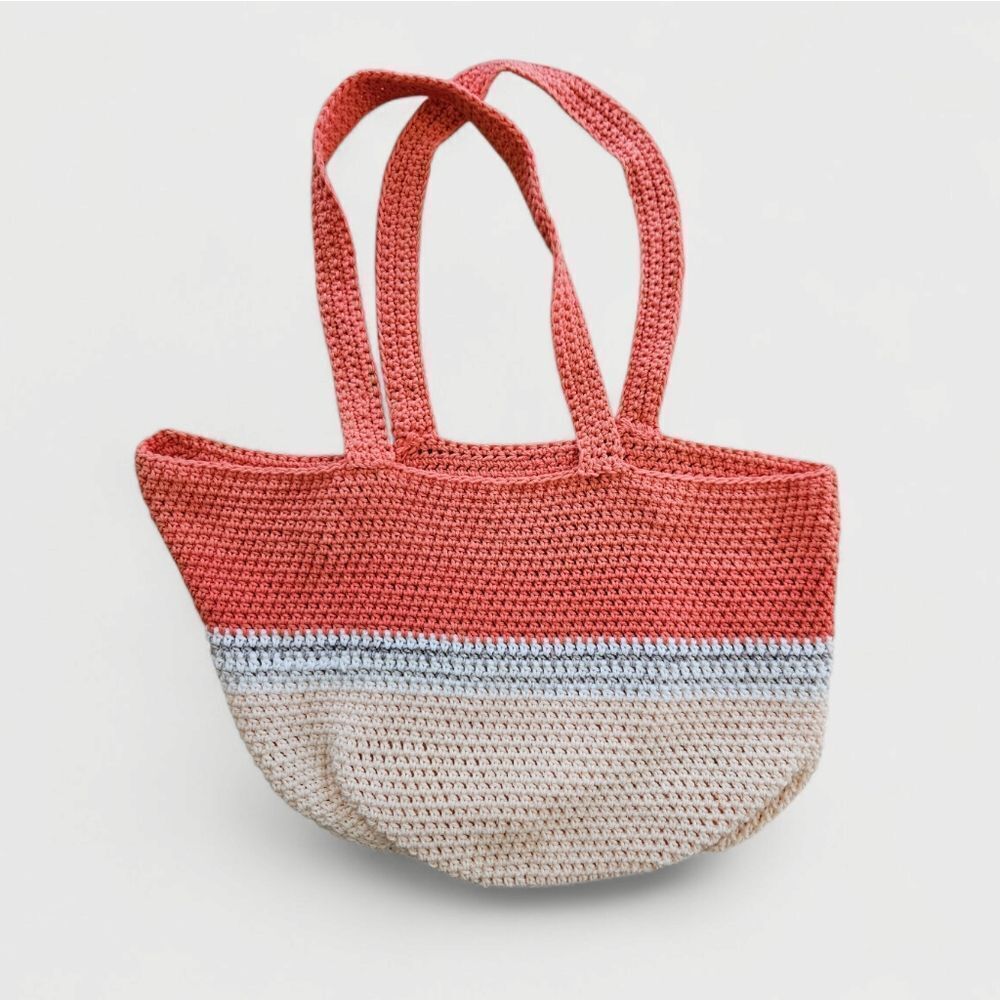 Hand Crochet Large Oversized Coral Colorblock Boho Handled Tote Market Beach Bag